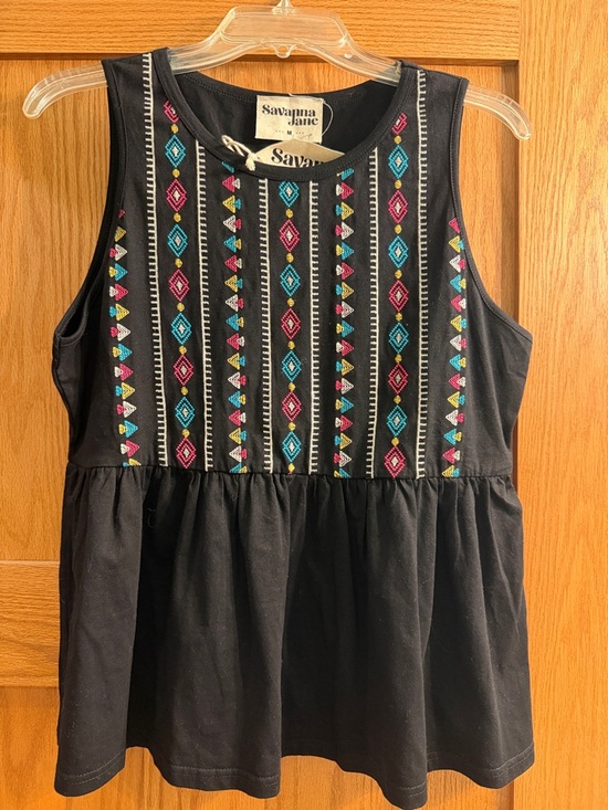 Savanna Jane Tops - Savanna Jane Black Sleeveless Peplum Top with Teal & Magenta Embroidery